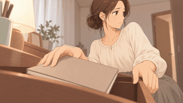 机の上の日記帳をそっと閉じて引き出しにしまおうとする手元と、人目を気にして視線をそらすひなたの横顔のイラスト