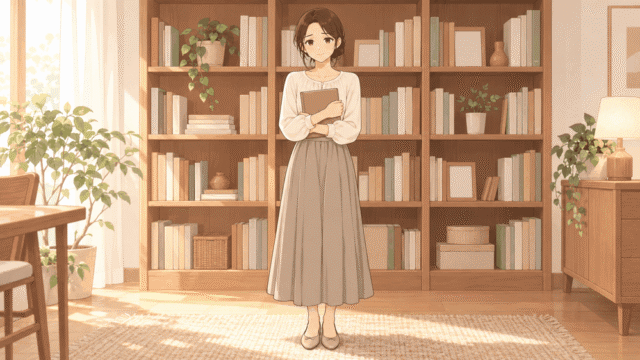 本棚の前で一冊の本を胸に抱き、まっすぐこちらを見て立つひなたのイラスト