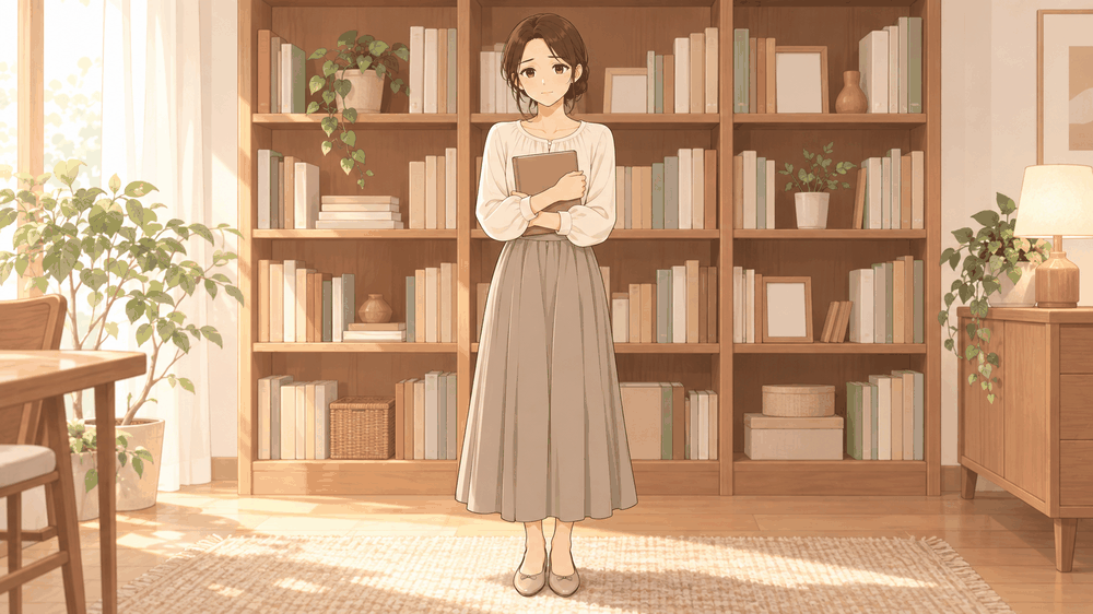 本棚の前で一冊の本を胸に抱き、まっすぐこちらを見て立つひなたのイラスト