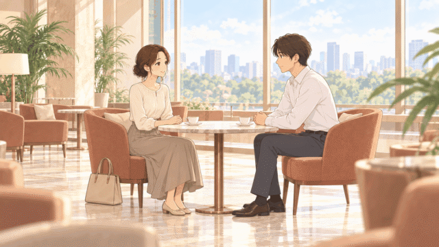 明るい大きな窓のホテルのラウンジで、ひなたとシャツ姿の男性が、お茶を前に向かい合って穏やかに話しているイラスト