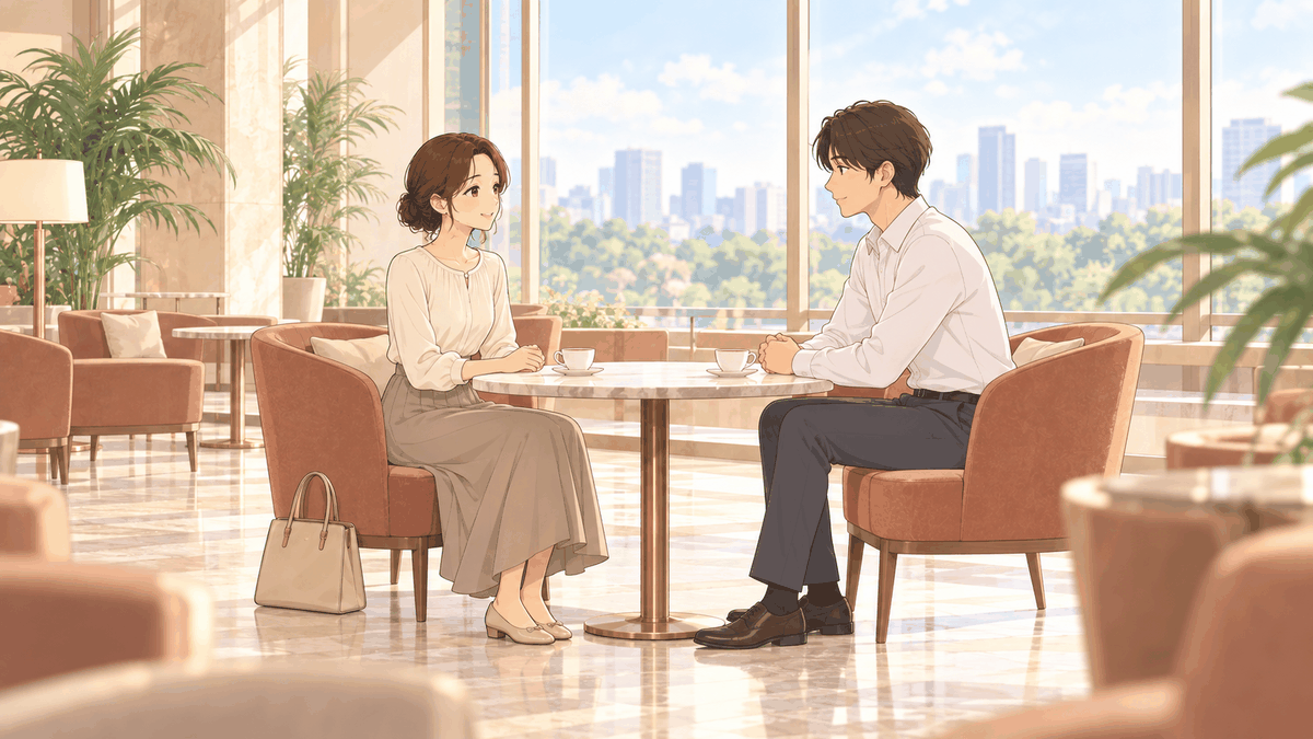 明るい大きな窓のホテルのラウンジで、ひなたとシャツ姿の男性が、お茶を前に向かい合って穏やかに話しているイラスト