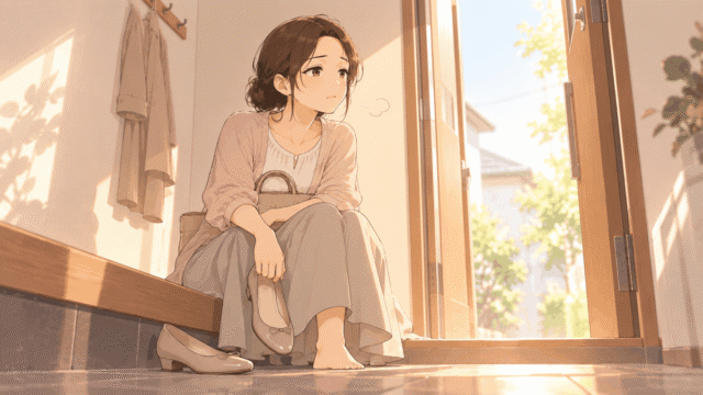 休日の朝の玄関の上がり框に座り、片手にパンプスを持ったまま、気が重そうにため息をつくひなたを、低い位置から見上げたイラスト
