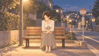 夜の住宅街のバス停のベンチに一人で座り、膝の上のバッグを抱えて、うつむくひなたのイラスト。街灯のあたたかい光が照らしている