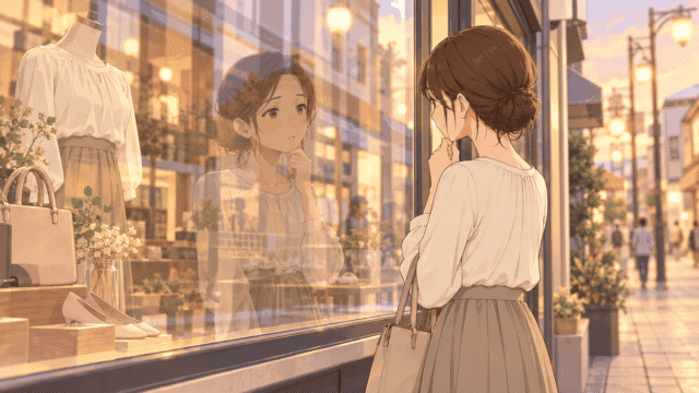 夕方の商店街のショーウィンドウに映る自分の姿を、不安そうに見つめるひなたのイラスト