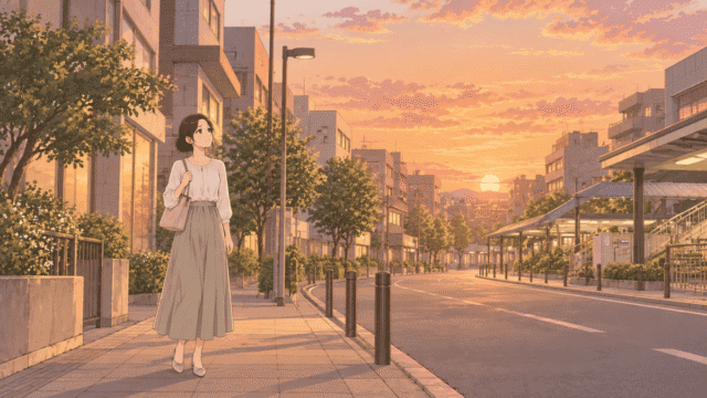夕焼けの駅前通りで、肩にバッグをかけたひなたが足を止め、首をかしげて空を見上げているイラスト