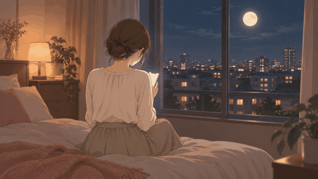 月の見える夜の部屋で、ベッドの端に座るひなたの後ろ姿を、手元のスマートフォンの淡い光が照らしているイラスト