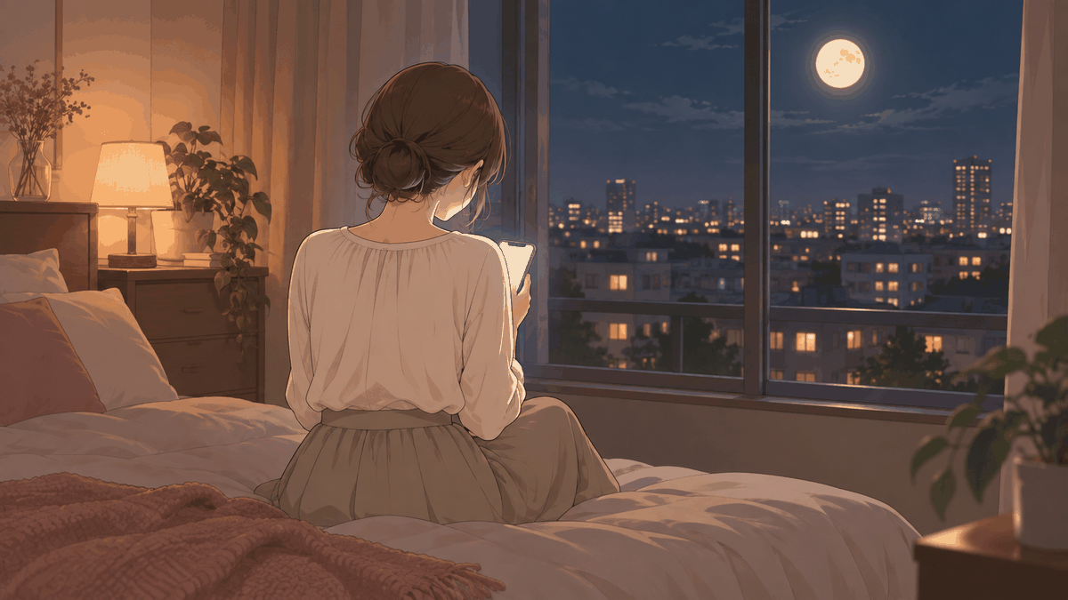 月の見える夜の部屋で、ベッドの端に座るひなたの後ろ姿を、手元のスマートフォンの淡い光が照らしているイラスト