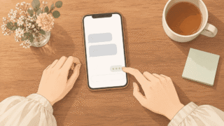木のテーブルを真上から見た図。吹き出しの形のメッセージが並ぶスマートフォンの画面の上で、返信を打つ直前に指を止めている手のイラスト