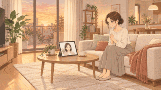 夕方のリビングで、ソファに座ったひなたが、ローテーブルに立てたタブレットのビデオ通話に映る担当者の話を聞いているイラスト