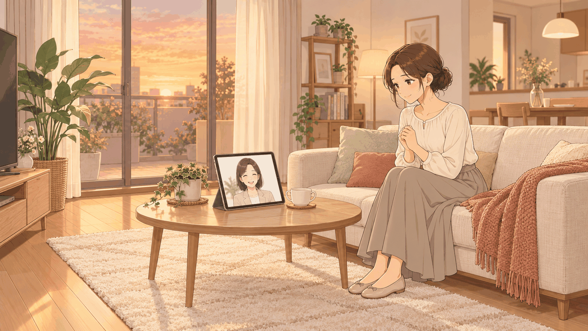 夕方のリビングで、ソファに座ったひなたが、ローテーブルに立てたタブレットのビデオ通話に映る担当者の話を聞いているイラスト