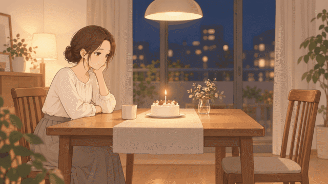 夜のダイニングテーブルで、ろうそく1本のついた小さなケーキを前に、向かいの空いた椅子のそばで頬杖をつくひなたのイラスト