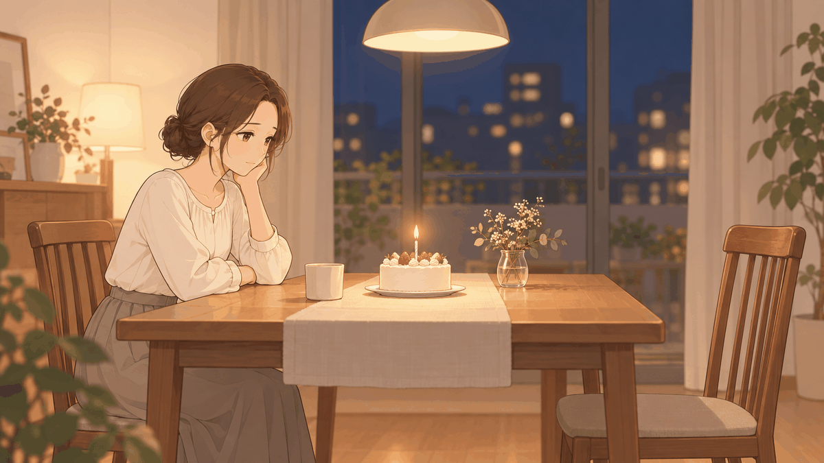 夜のダイニングテーブルで、ろうそく1本のついた小さなケーキを前に、向かいの空いた椅子のそばで頬杖をつくひなたのイラスト